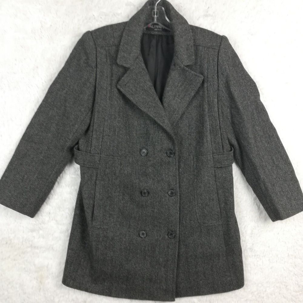 Alorna Womens Pea Coat Wool Herringbone Black Gray Double Breasted Classic S
